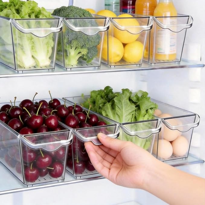 4 Pack Slim Fridge Organizer Bins, BPA Free Clear Refrigerator Storage Containers, Clear Pantry Organization & Cabinet Bins with Handles, Narrow Freezer Bin for Kitchen, Mini Fridge