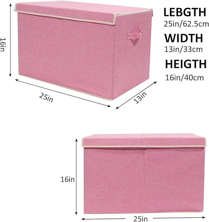 Large Toy Box Chest Storage with Flip-Top Lid, Kids Toy Storage Bin Boxes | Toy Chest with Rivets Handles for Kids, Boys, Girls, Nursery, Playroom, Living Room, Bedroom, 25"x 13" x 16" (Linen Pink)