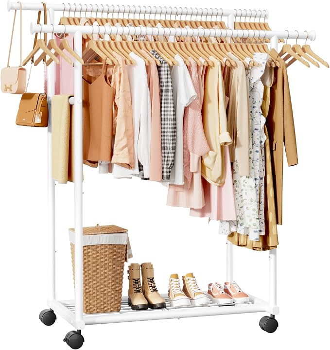 Sakugi Double Rods Clothes Rack - Metal Clothing Rack with Fixed Double Rods, Rolling Wheels & Built-In Shelf for Closet, Bedroom, Laundry Storage (39" x 17" x 60", White)