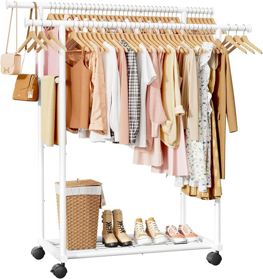 Sakugi Double Rods Clothes Rack - Metal Clothing Rack with Fixed Double Rods, Rolling Wheels & Built-In Shelf for Closet, Bedroom, Laundry Storage (39" x 17" x 60", White)