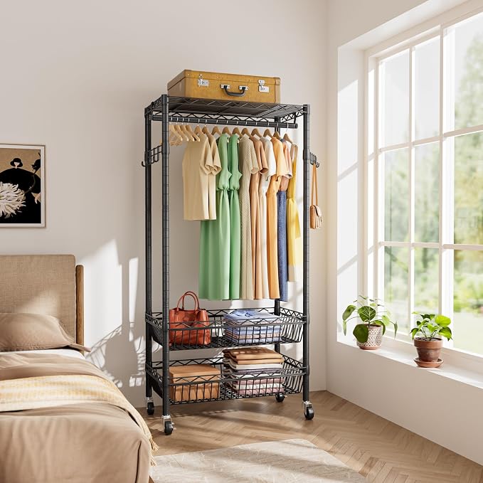 Golpart Heavy Duty Rolling Clothes Rack Wheels Portable Metal Garment Rack | Wardrobe Adjustable Wire Shelving Metal Double Clothing Racks for Hanging Clothes Organizer Closet Laundry Room Organization