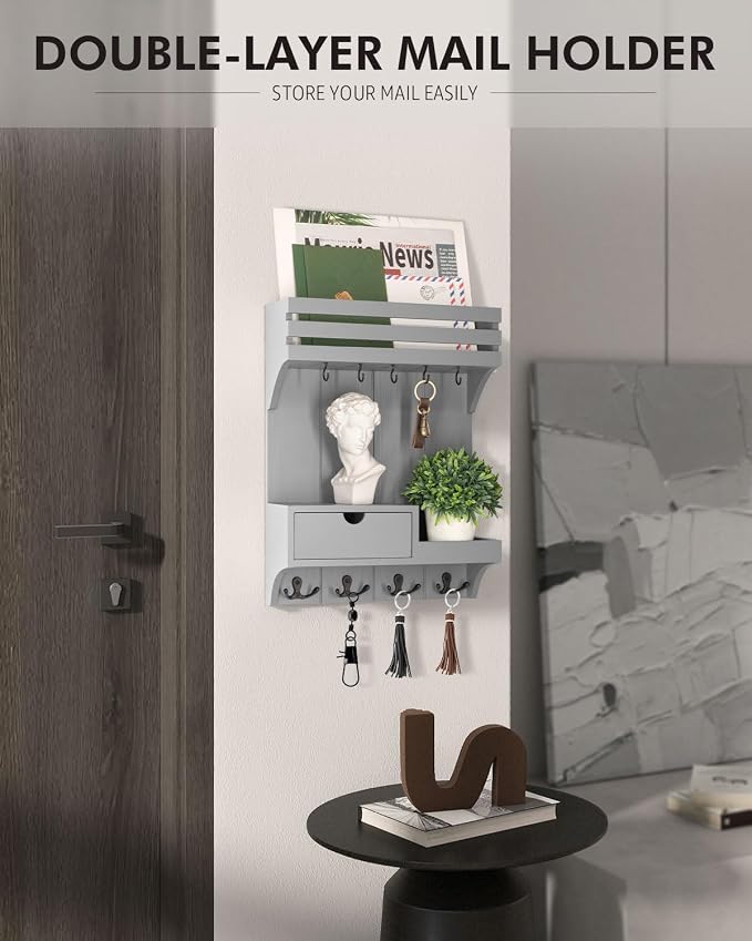 Rebee Vision Key Holder Wall Mount with Drawer & Shelf for Entryway, Gray | Key Holder for Wall, 9 Key Hooks, Floating Shelf, Drawer Organizer, Mail Organizer, Trendy Home Decor, Room Decor Aesthetic