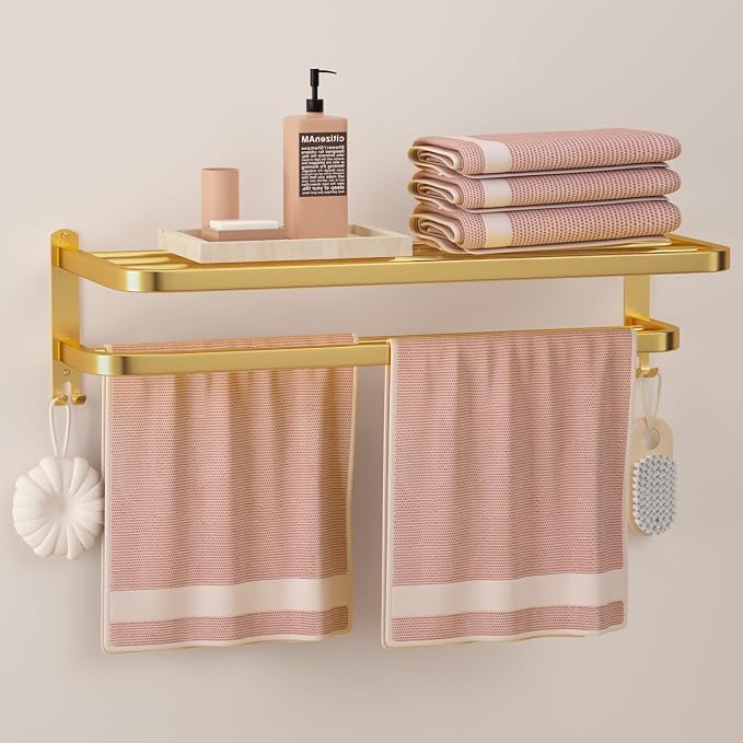 23 Inch Gold Bathroom Towel Rack Towel Shelf with Double Towel Bars Lavatory Wall Mount Holder with Hooks Golden Stainless Steel Hotel Bath Rack