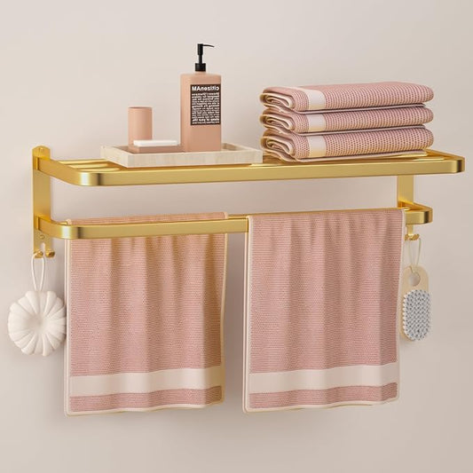 23 Inch Gold Bathroom Towel Rack Towel Shelf with Double Towel Bars Lavatory Wall Mount Holder with Hooks Golden Stainless Steel Hotel Bath Rack