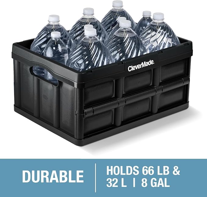 CleverMade Collapsible Storage Bins, 32L, 3 Pack, Obsidian | Reinforced plastic handles groceries, tools, and sports gear. Interlocking bins stack open and nest compactly when folded.