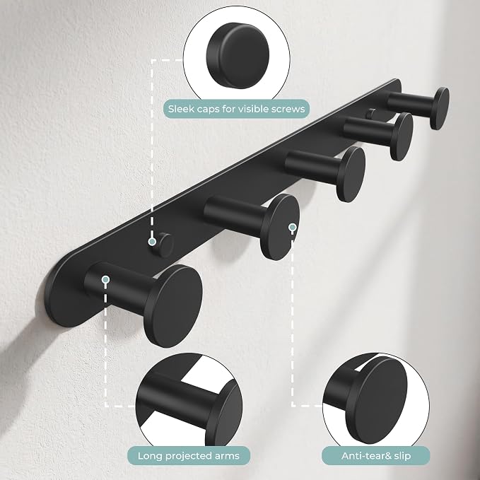 FORIOUS Hat and Coat Rack Wall Mount, 5 Wall Hooks SUS304 for Hanging Black | 304 Stainless Steel Hook Rack for Bags Keys Hats, Coat Racks for Bathroom Bedroom Entryway Kitchen Hotel, Space Saving