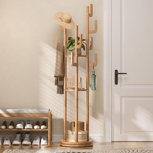 Yoobure Rotary Coat Rack Freestanding - Solid Wood Coat Tree with 9 hooks & 3 Storage Shelves for Purse, Bag, Jacket, Hat, Corner Hanger Stand Racks for Hall, Entryway, Office, Modern Clothes Holder