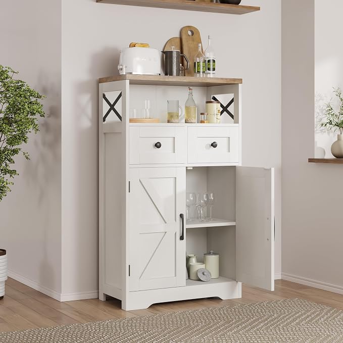Farmhouse Storage Cabinet with Drawers, Small Kitchen Pantry Cabinet, White | Accent Coffee Bar Cabinet Cupboard, 2 Drawers, 2 Barn Doors & Adjustable Shelves, for Kitchen/Entryway/Living Room/Bathroom