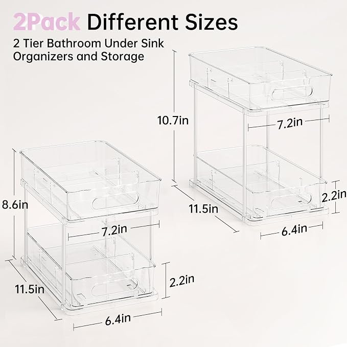 Delamu 2 Tier Under Sink Organizer Bathroom, Bathroom Cabinet Organizer with Snap-Lock Design and Hooks, Pull Out Storage with Movable Dividers, for Countertop, Kitchen and Pantry (Clear, 2 Pack)