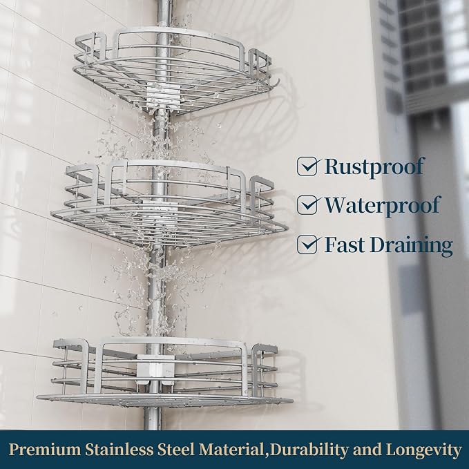 Consumest Corner Shower Caddy Tension Pole - Rustproof Shower Shelves with Towel Bar & Soap Holder, Adjustable Bath Organizer for Bathroom Storage, 27.6-108.3 inch, Silver