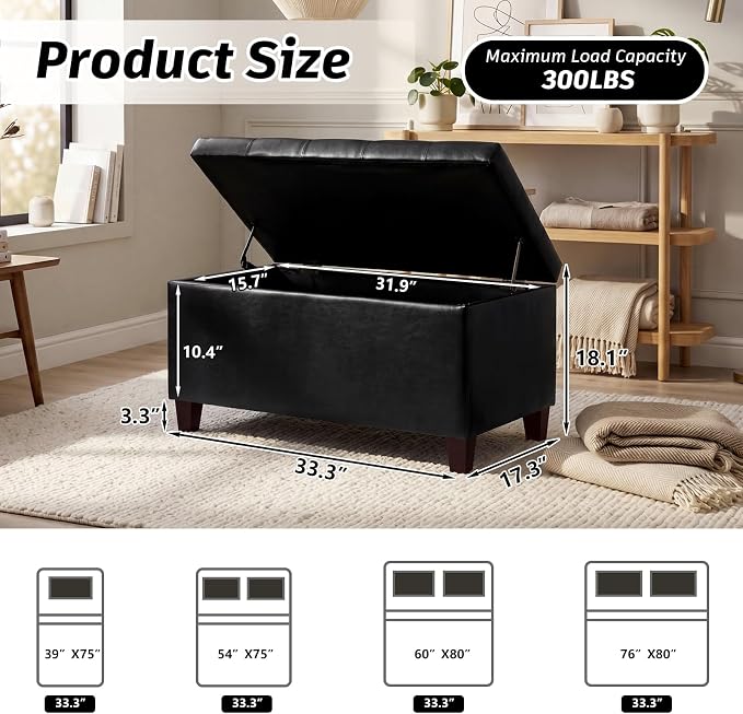 Joveco Storage Ottoman Bench, 33 Inches Faux Leather Rectangle Tufted Foot Stool for End Foot of Bed, Bedroom, Living Room, Black