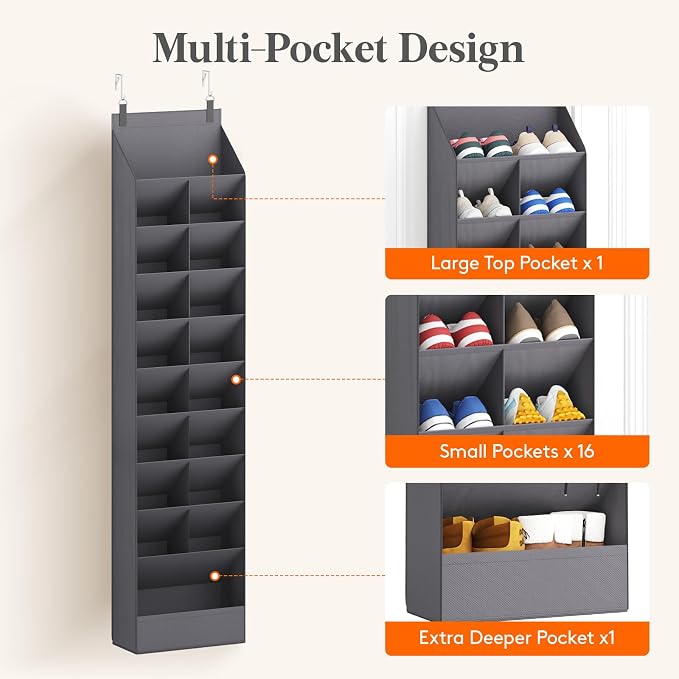 Lifewit 10 Tier Over the Door Shoe Organizer with 19 Large Deep Pockets, Fabric Hanging Shoes Shelf for Closet, Dorm Storage, Fit Up to 20 Pair Shoe Rack Holder for Sneakers, Boots, Gray