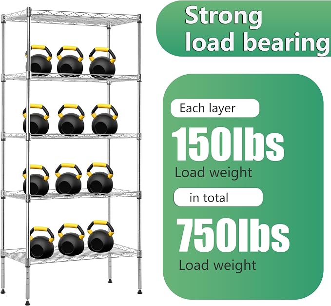 BestOffice | 5-Tier Wire Shelf | 22" x 12" x 48" | Chrome | Storage Shelves with Adjustable Racks, Holds upto 750 lbs | Rust-Resistant, No-Tool Assembly | For Home, Garage