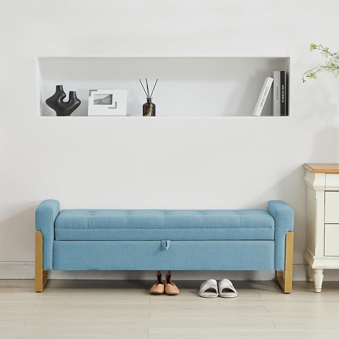adochr 57" Storage Ottoman Bench, Upholstered End of Bed Bench, Light Blue | Metal Legs & Button-Tufted, Linen Ottoman with Storage 500 lb Capacity for Living Room, Bedroom, Entryway