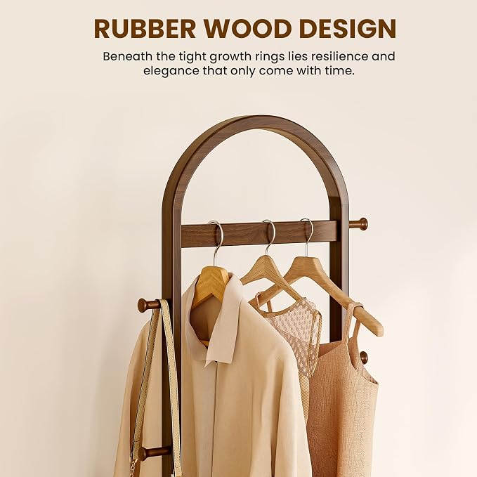 15.9" Narrow 3-in-1 Rolling Clothing Rack,Wooden Coat Rack with Wheels, 2 Shelves and 5 Hooks, Solid Rubber Wood Coat Rack with Shelves for Entryway, Bedroom, Living Room, Walnut