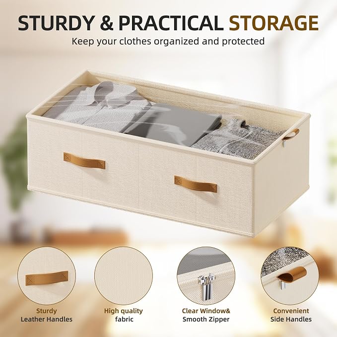 10inch 3 Pack Under Bed Storage Containers, 10 Inch Tall Underbed Clothes Storage Organizer Bin with Clear Window，Foldable Box Basket for Clothes, Closet, Bed Sheets and Blankets Beige