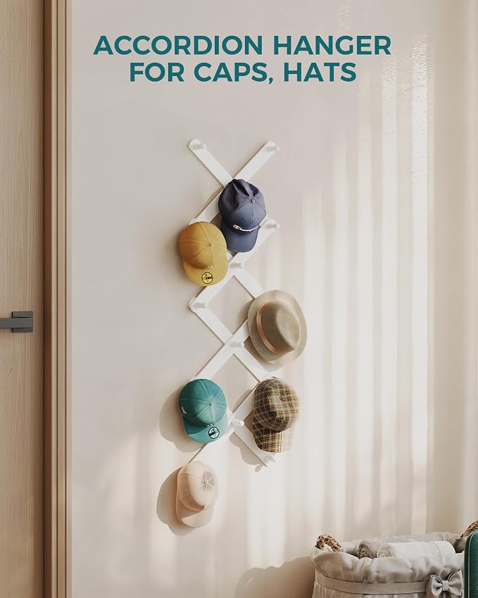 OROPY Accordion Wall Hanger with 14 Pegs, Expandable Wooden Coat & Hat Rack | White Color, Hat Display Rack, X Shape Rack for Coat, Hats, Bags, Baseball Caps, Coffee Mug, Jewelry