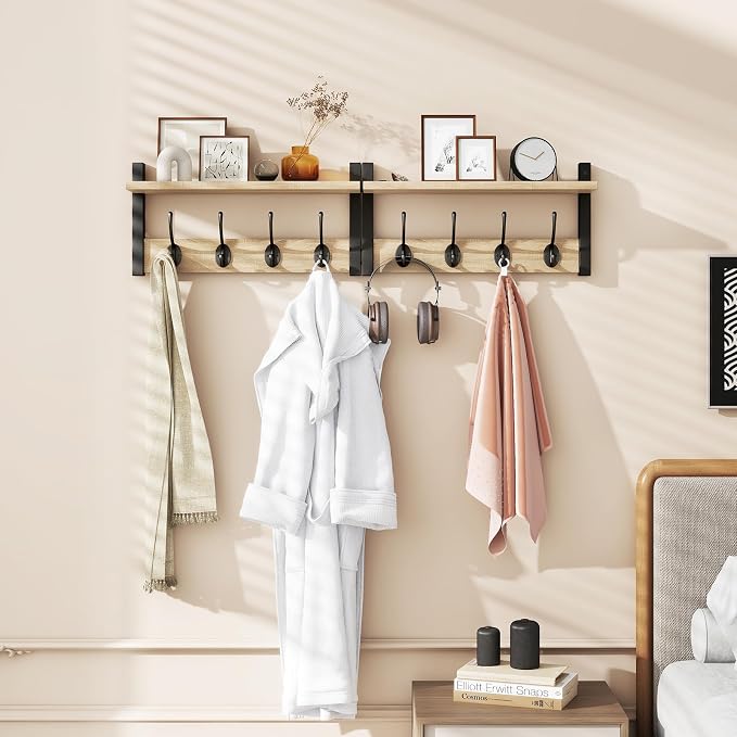 YMYNY Coat Rack Wall Mount with Shelf and Hooks, Light Natural HWS001R-2 | 2 Pack Wooden Wall Mounted Coat Hanger with Shelf and 8 Double Hooks, Wall Coat Rack for Entryway Hallway Bedroom Bathroom