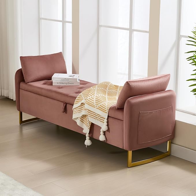 65" End of Bed Storage Bench, Modern Storage Benches for Foot with Tufted Button and Gold Legs, Upholstered Window Ottoman Benches with Armrests, Rose Gold