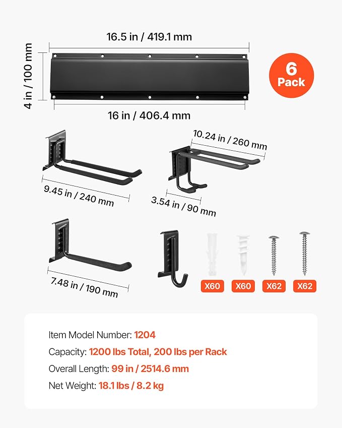 VEVOR Garage Tool Organizer 99 Inch 1200 lbs Wall Mount Garden Tool Rack, Heavy Duty Garage Hanging Storage Rack Organization with 6 Rails and 16 Adjustable Hooks, for Yard Tools, Shovel, Rake, Shed