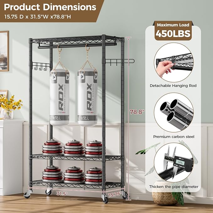 Golpart Heavy Duty Rolling Clothes Rack Wheels Portable Metal Garment Rack | Wardrobe Adjustable Wire Shelving Metal Double Clothing Racks for Hanging Clothes Organizer Closet Laundry Room Organization
