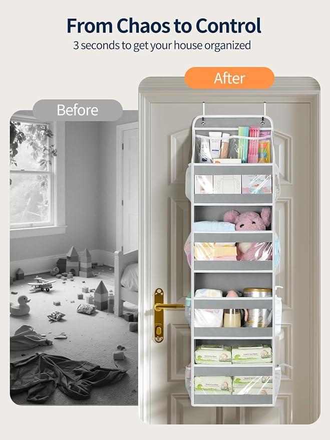 Yecaye 5 Tier Over the Door Organizer, Swing-proof Door Organizer Hanging with Clear PVC Windows, Behind the Door Storage for Bedroom Nursery Closet Laundry Pantry Bathroom, Grey