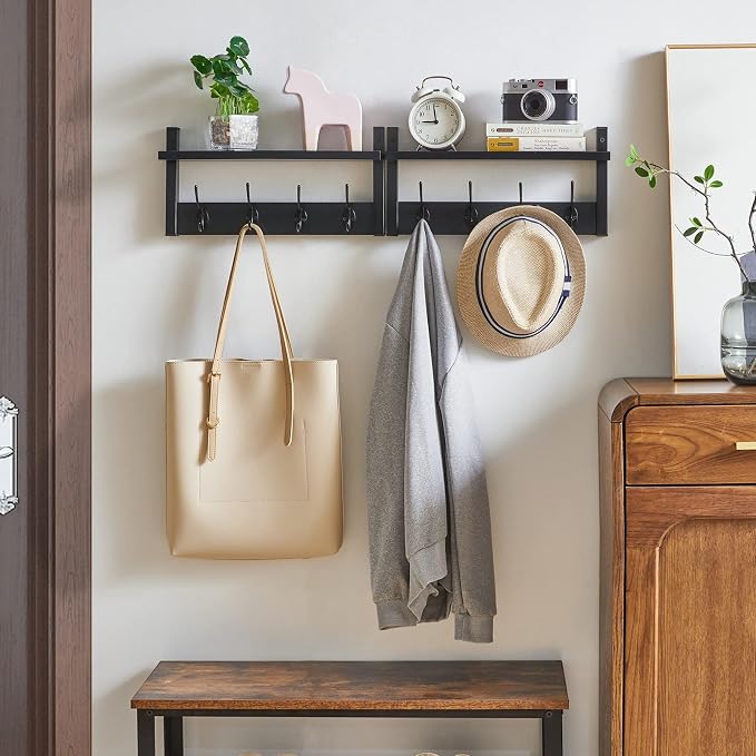 YMYNY Coat Rack Wall Mount with Shelf and Hooks, Black UHWS001B-2 | 2 Pack Wooden Wall Mounted Coat Hanger with Shelf and 8 Double Hooks, Wall Coat Rack for Entryway Hallway Bedroom Bathroom