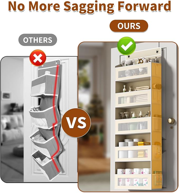 AQOOA 5-Tier Over The Door Organizer 44 lbs Capacity fit Standard Doors | Over the Door Storage with10 Side Pockets Behind Door Storage, Closet Door Organizer Hanging Shelf for Bathroom, Beige