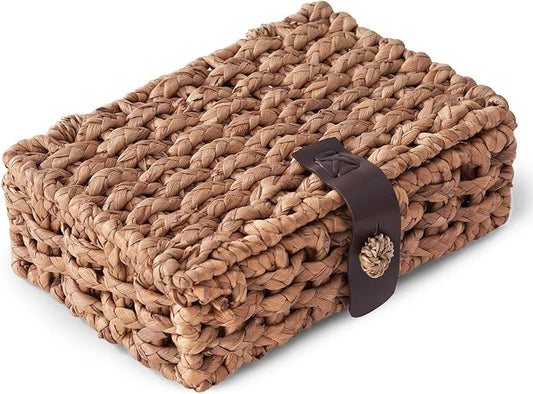 Decorative Box with Lid, Wicker Storage Basket, Water Hyacinth Woven Decorative box for Shelf, Coffee Table, Console Table, Home Decor (Small)