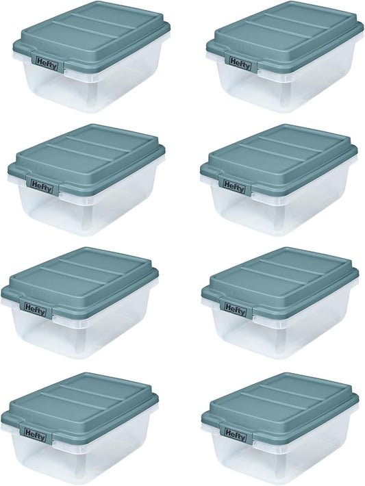 Hefty 18 Quart Hi-Rise Storage Bin with Lid, Stackable Plastic Container for Home, Office, and Classroom Organization, 8 Pack, Smoke Blue