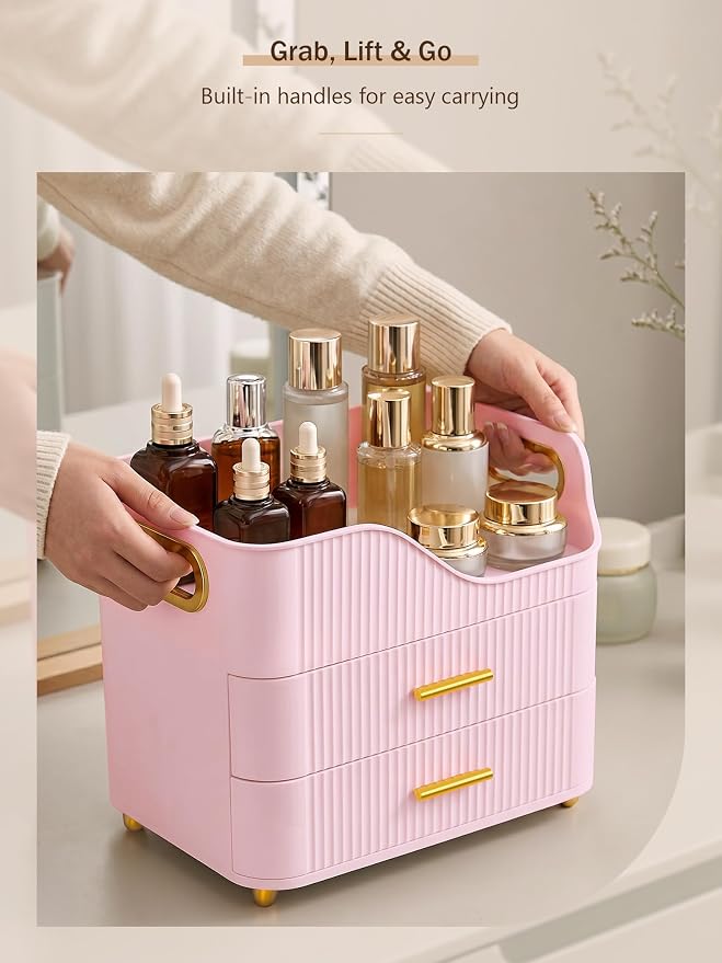 Booklov Large Makeup Organizer for Vanity, Bathroom Countertop, Pink | Plastic Cosmetic Display Case with Drawers, Beauty Brush Holder for Dresser Counter Skincare Eyeshadow Lipstick Storage