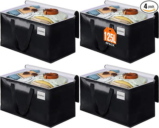 Heavy Duty Moving Bags, Extra Large Storage Bags, 125L, 4-Pack, Black | Foldable, with Zippers, Tag Pocket & Handles, Reusable, Space-saving, Water-Resistant, for moving & storage, Versatile Use