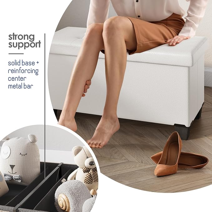Storage Ottoman Bench with Bins, 30-in Storage Bench for Bedroom End of Bed, Folding Foot Rest Ottoman for Living Room Max 660lbs, Faux Leather Ottomans, Cream
