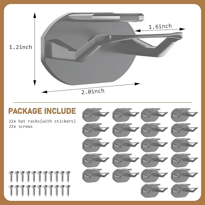 Niunuerga 22 Pack Adhesive Hat Hooks for Wall, Super Strong Hat Rack for Baseball Caps, Minimalist Hat Organizer Display for Home Decor, Hat Hangers Holder for Wall, Door, Closet, No Drilling (Gray)