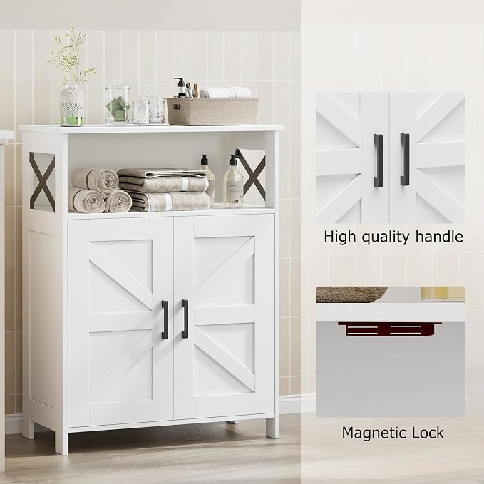 Homhedy Farmhouse Bathroom Storage Cabinet with Doors, Small Floor Cabinet | Toilet Paper Cabinet with Adjustable Shelf, Freestanding Storage Cabinet for Kitchen/Laundry/Living Room, 24"W, White