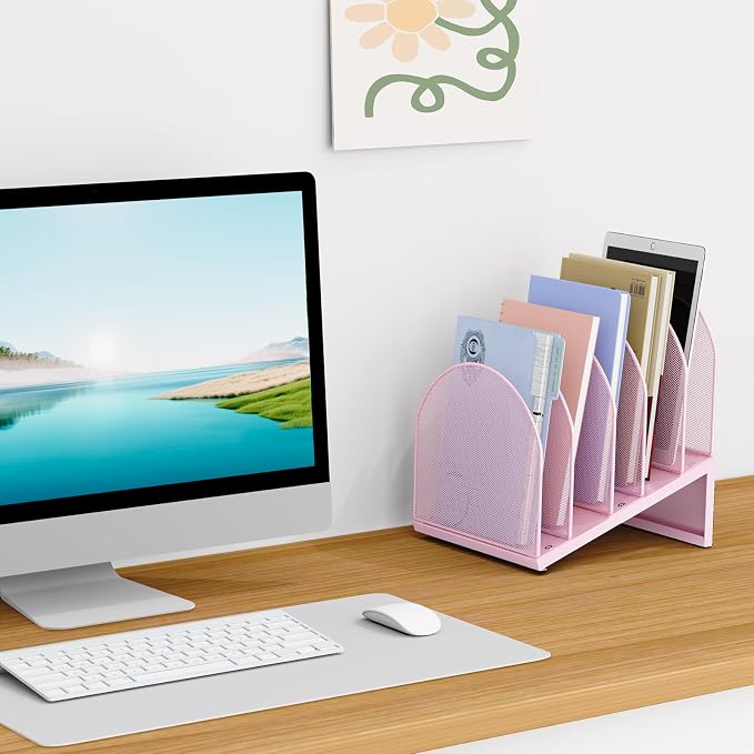 5-Section Desk File Organizer | Metal Mesh Folder Organizer for Documents, Mail & Office Papers (Pink)