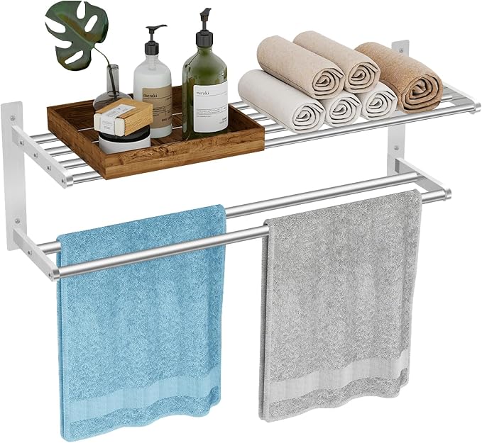 KLJKPA 24 Inch Towel Racks for Bathroom Wall-Mount, 2-Tier, Brushed Nickel | Towel Shelf with Double Towel Bar, Towel Holder, Towel Storage for Bathroom Lavatory, Stainless Steel, Space Saving