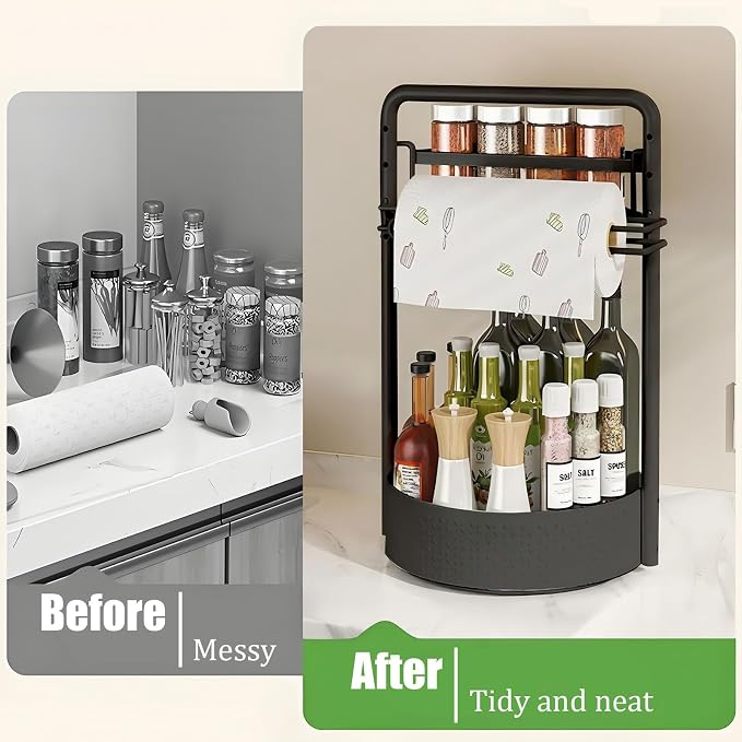 JEESA Rotating Spice Rack with Paper Towel Holder, Black | 2 Tier Lazy Susan, Sturdy Iron, Seasoning Organizer, Kitchen Countertop