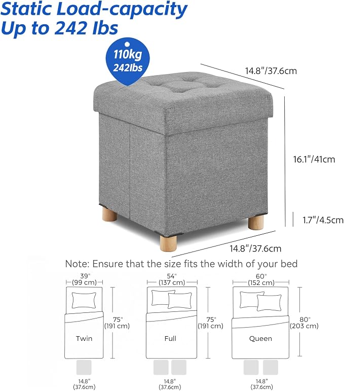 BRIAN & DANY Ottoman with Storage, Square Small Storage Ottoman Foot Rest with Legs, Ottomans Foot Stool for Dorm, Living Room, Entryway 14.8"x14.8"x17.8" (Light Gray)