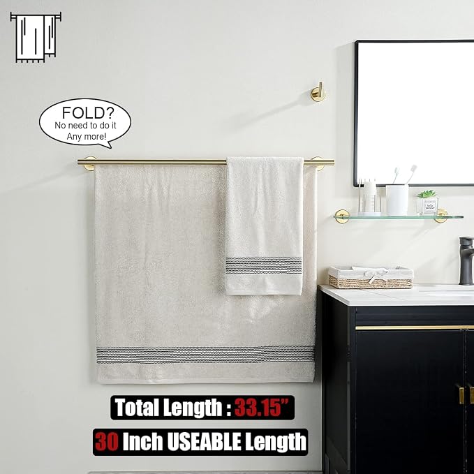 JQK Double Bath Towel Bar, Brushed Gold 33 Inch 304 Stainless Steel Thicken 0.8mm Towel Rack for Bathroom, Towel Holder Wall Mount, Useable Length 30 Inch, TB100L30-BG