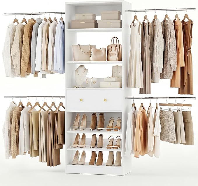 Wood Closet Organizer System - 4FT-9FT Expandable Wardrobe Closet with Drawer & 4 Hanging Rods, Heavy Duty Walk-in Closet 1000Lbs for Bedroom Walk-in Closet, White