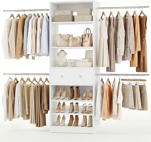 Wood Closet Organizer System - 4FT-9FT Expandable Wardrobe Closet with Drawer & 4 Hanging Rods, Heavy Duty Walk-in Closet 1000Lbs for Bedroom Walk-in Closet, White