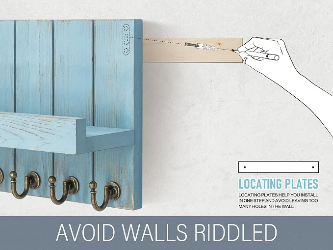 Rebee Vision Key Holder Wall Mount with Shelf for Entryway, Distressed Blue | 3.54'' x 10''x 7.28'', Key Holder for Wall, Floating Shelf, Plant Display, Mail Sorter, Hanging Hooks, Mid-Century Decor
