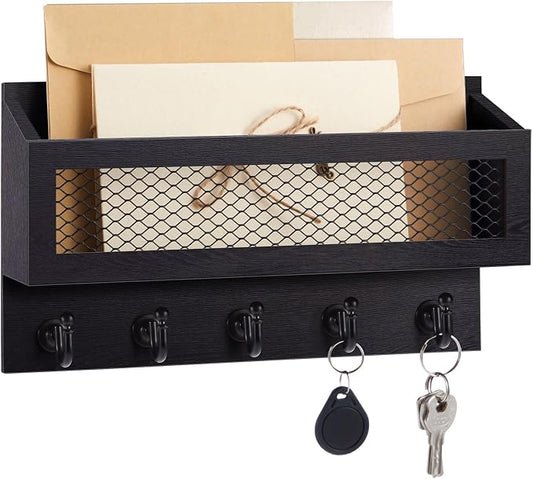 Colingmill Magnetic Mail and Key Holder for Wall Fridge Wooden Mail Organizer with 5 Key Hooks for Home Bedroom Fridge Kitchen Decorative(Black)