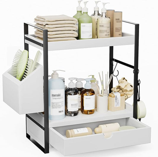 2-Tier Bathroom Counter Organizer, Wooden Vanity Shelf with Drawer & Basket | Pre-Drilled Holes, Skincare & Makeup Countertop Organizer and storage, White