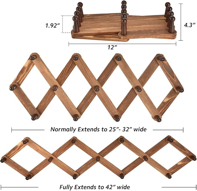 Vintage Wood Expandable Peg Rack- Multi-Purpose Accordion Wall Hangers with 13 Hooks for Hats, Coat, Mugs, Scarf, Jewelry Storage