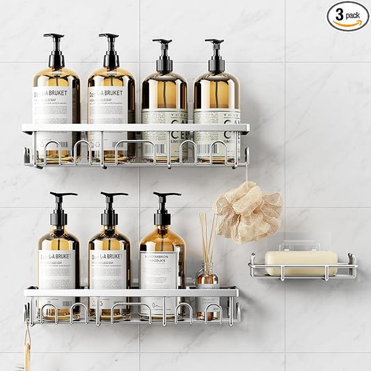 Shower Caddy, 3 Pack Shower Shelves for Inside Bathroom, Rustproof Adhesive Bathroom Organizer with Soap Holder, No Drilling Washroom Organizers and Storage for Tub Room/Kitchen/Home, Silver