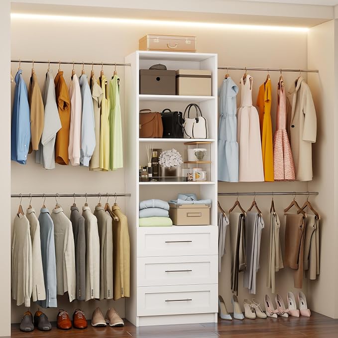 Fastgo Closet System with Drawers, 5-9FT Closet Organizer System with 4 Expandable Rods & Adjustable Shelves for Walk in Closet, 96” Built in Closet System Tower, Small Closet Storage System, White
