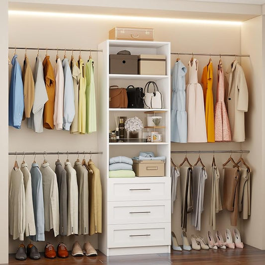 Fastgo Closet System with Drawers, 5-9FT Closet Organizer System with 4 Expandable Rods & Adjustable Shelves for Walk in Closet, 96” Built in Closet System Tower, Small Closet Storage System, White