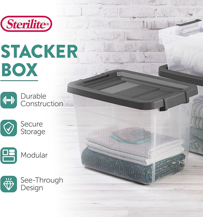 Sterilite Modular Stacker Box with Latching Lid, 30 Quart, 18-Pack | Clear Plastic Storage Bins - Stackable Organizing Container Boxes for Closet, Bathroom, and Office